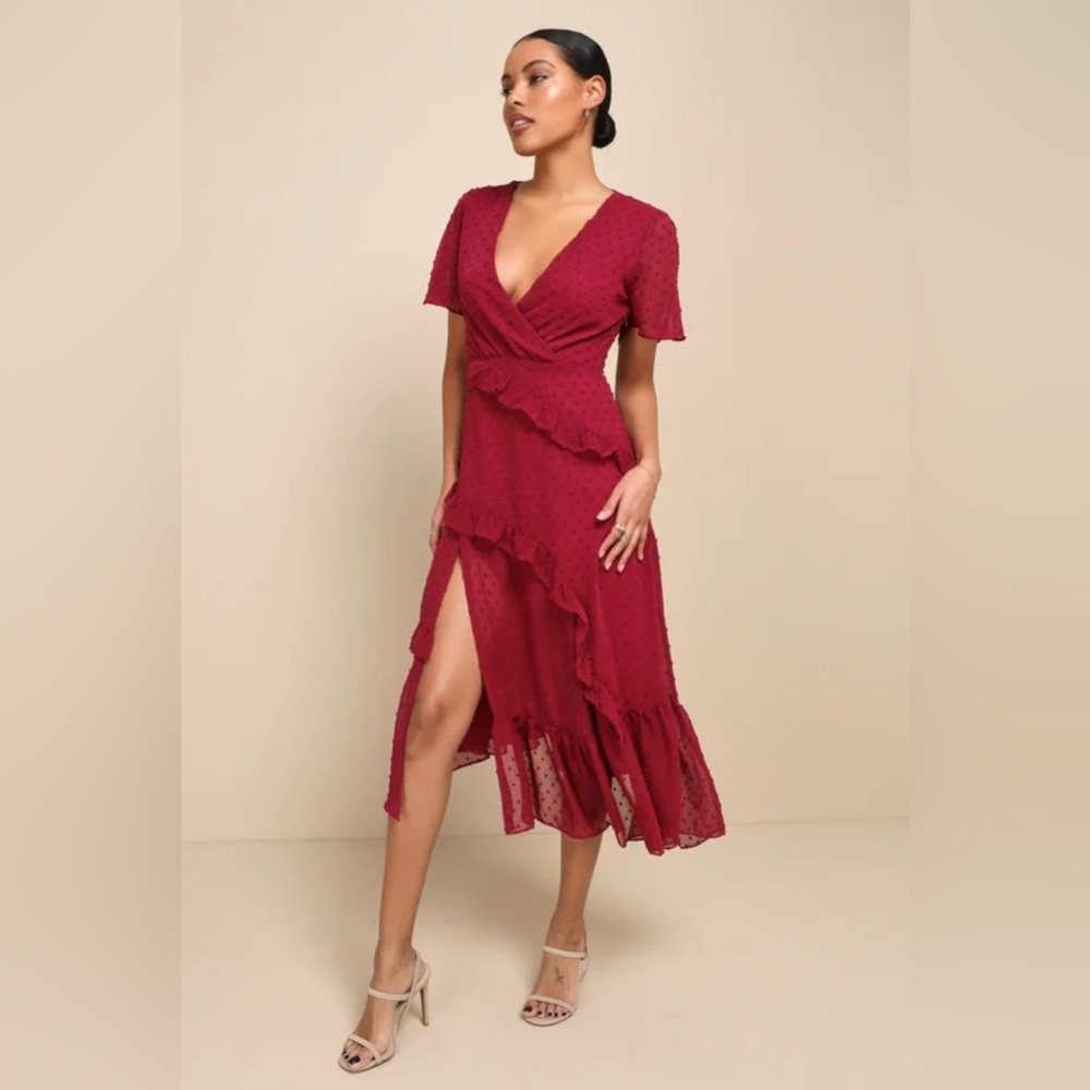 LULUS Next to You Plum Swiss Dot Ruffled V Neck Midi Dress - Size S